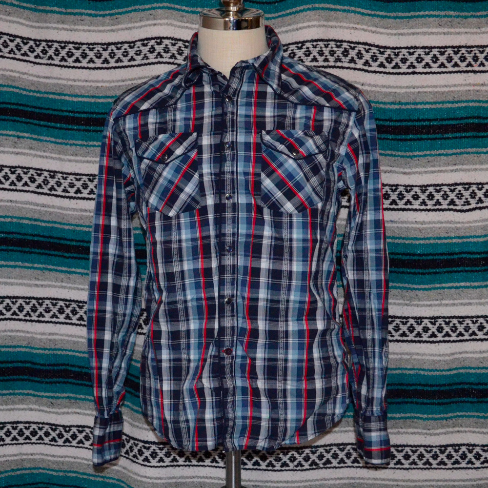 Guess Plaid Blue Snap Western Shirt Medium